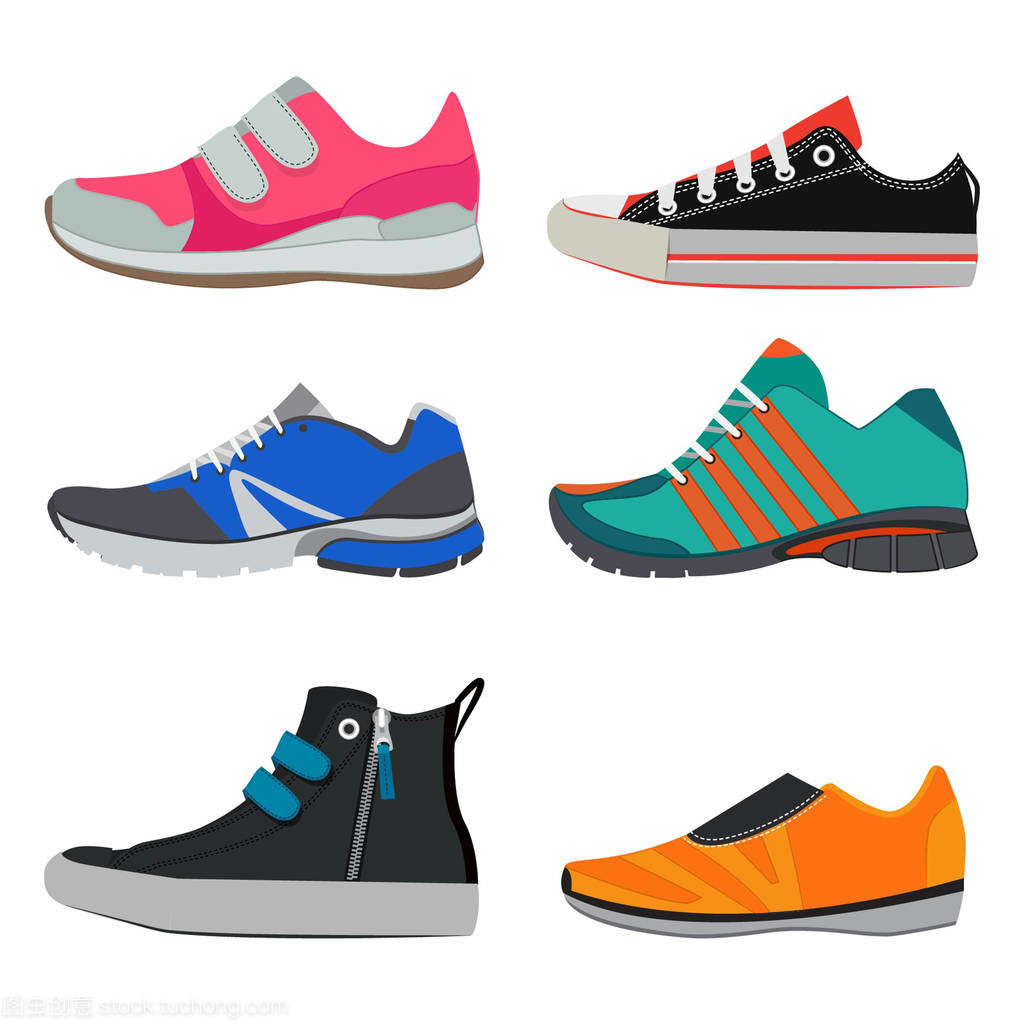 不同体育运动鞋时尚图片。矢量图片的五颜六色的鞋子
